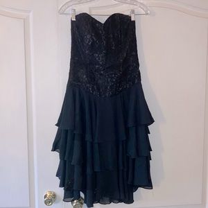 Late Edition strapless black lace corset and ruffle dress, size 8